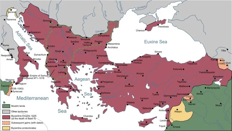 Map of the Eastern Roman Empire in 1025 at the death of Basil II, its territory in dark red covering the Balkans, Greece, Anatolia, Cyprus and parts of southern Italy as a single contiguous state centred on Constantinople.