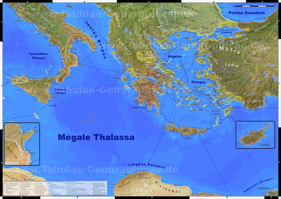 Detailed physical map of the classical Greek world around 431 BC, covering mainland Greece, the Aegean islands, the western coast of Anatolia, Crete, Cyprus and Greek colonies in Sicily and southern Italy, dotted with hundreds of small independent settlements rather than unified blocks of territory.