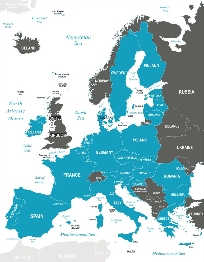 Map of Europe with European Union member states shaded blue and non-member states in grey, showing a contiguous bloc running from Portugal and Ireland across to Finland, Poland, Romania and Greece.