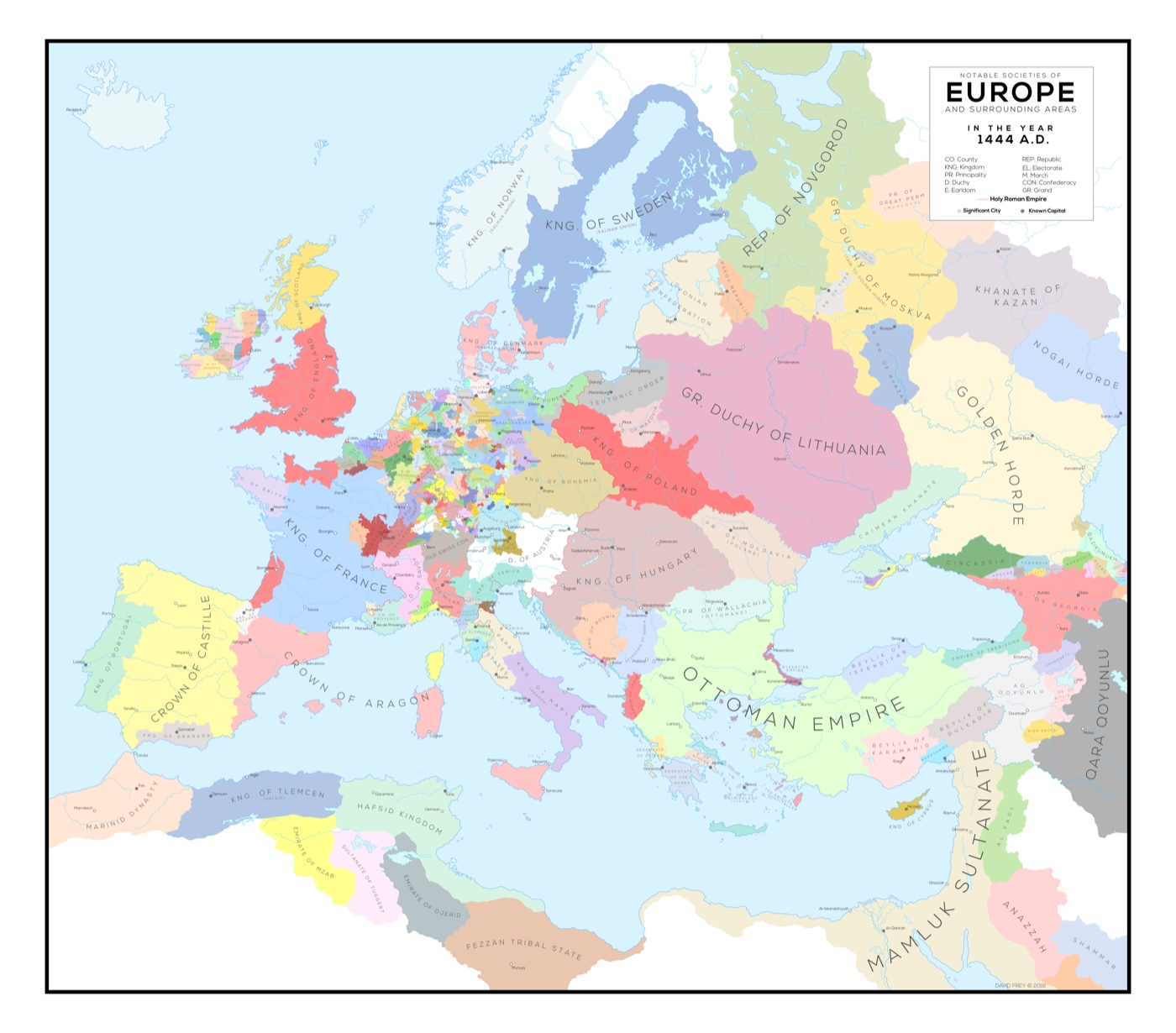 Political map of Europe in 1444 showing a dense patchwork of hundreds of separately coloured kingdoms, duchies, counties, republics and principalities, with the fragmentation at its most extreme across central Europe and the Holy Roman Empire.