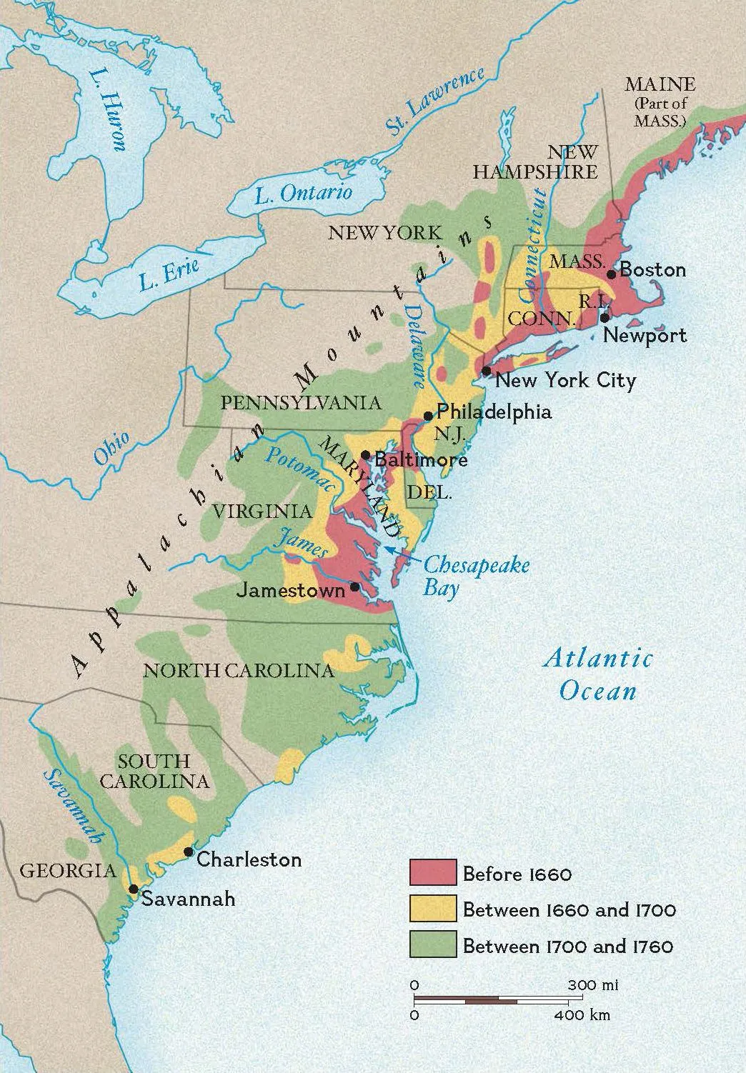 Map of the North American Eastern Seaboard from Maine to Georgia, shaded to show English settlement spreading inland from a thin coastal strip occupied before 1660 to a much broader band reaching the Appalachian Mountains by 1760.